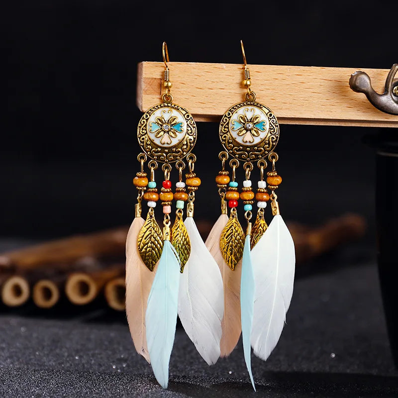 Native Vintage Jewelry Feather Tassel Long Earrings
