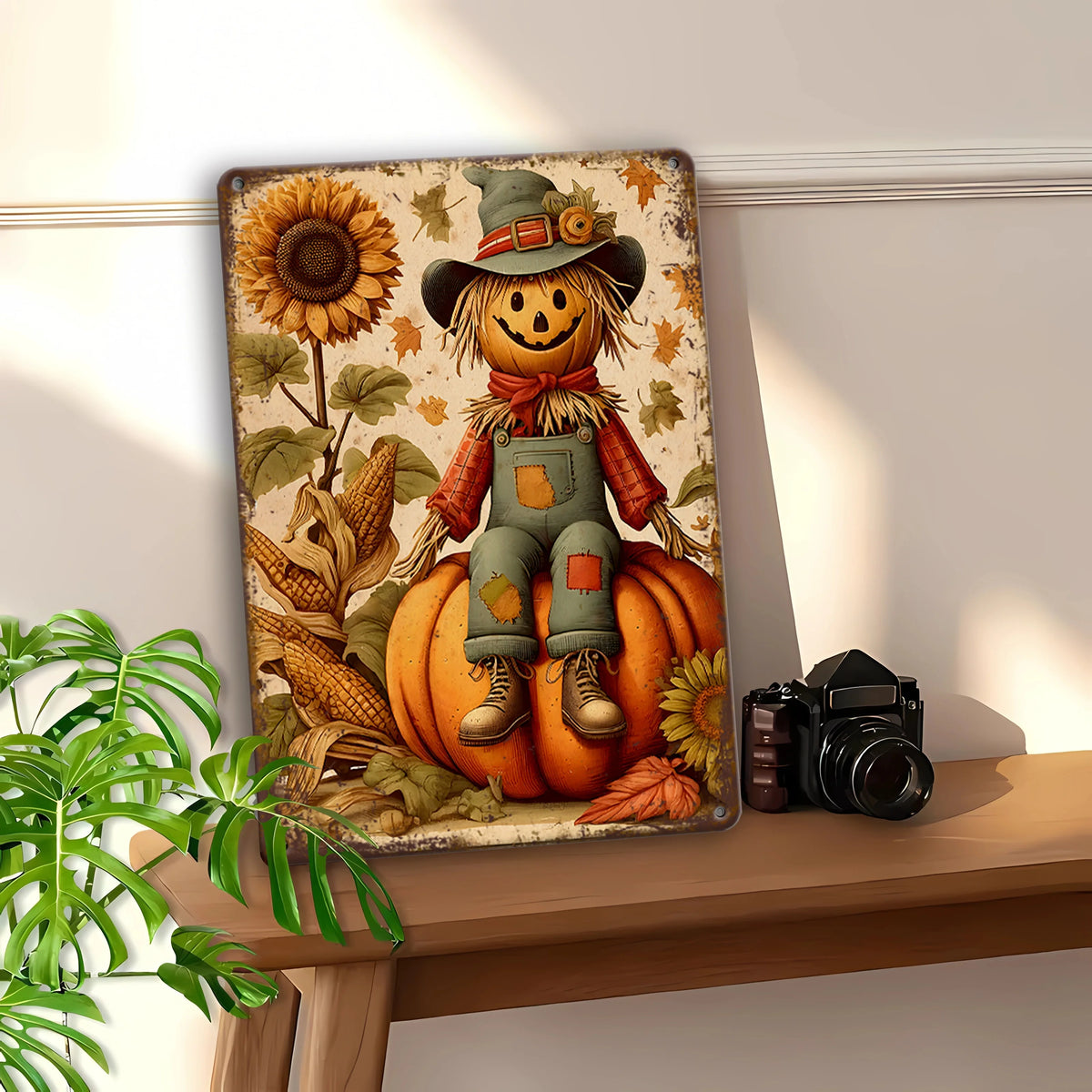 Vintage Fall Scarecrow & Pumpkin Metal Sign