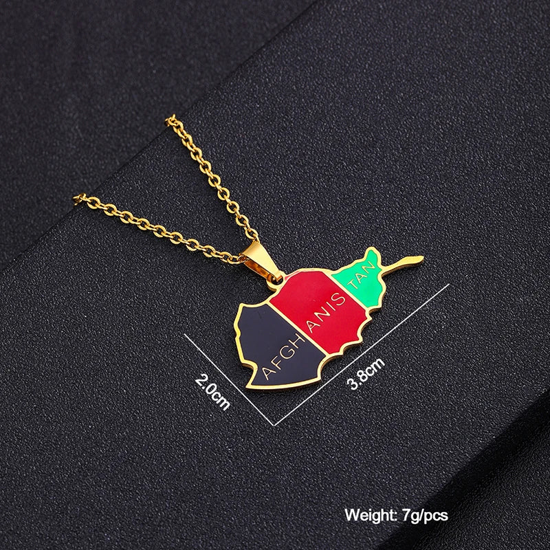 Stainless Steel Afghanistan Map Flag Necklaces