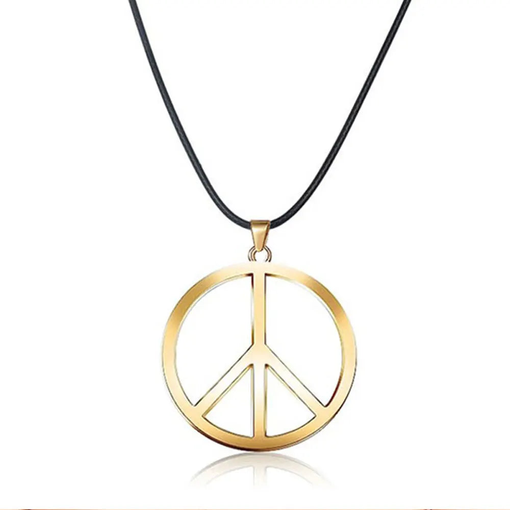 Black Leather Peace Sign Symbol Pendant Necklace