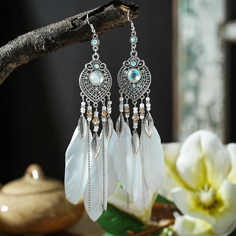 Feather Long Leaf Tassel Drop Earrings