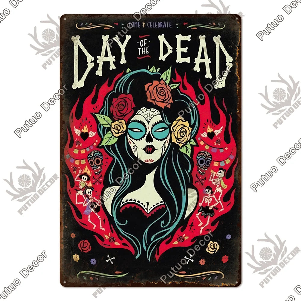 Putuo Decor Day of the Dead Tin Sign Vintage