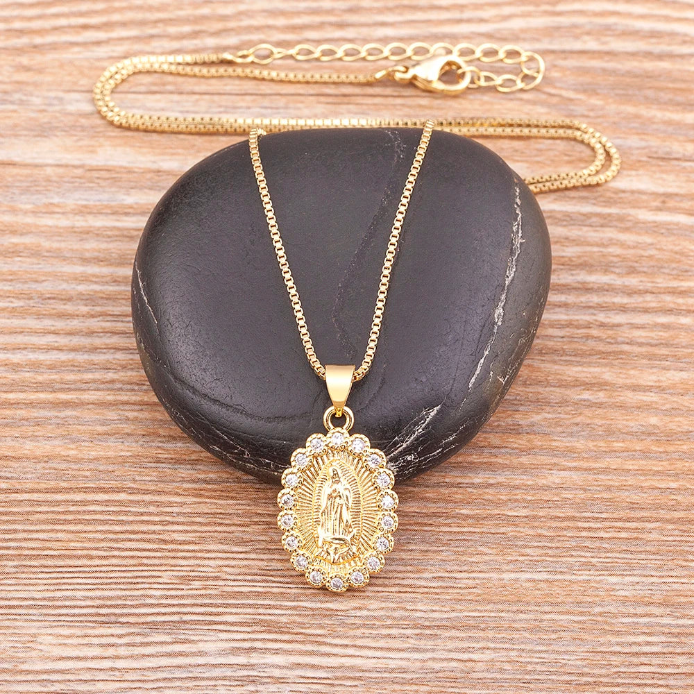 Virgin Mary Copper Zircon Gold Plated Pendant Necklace