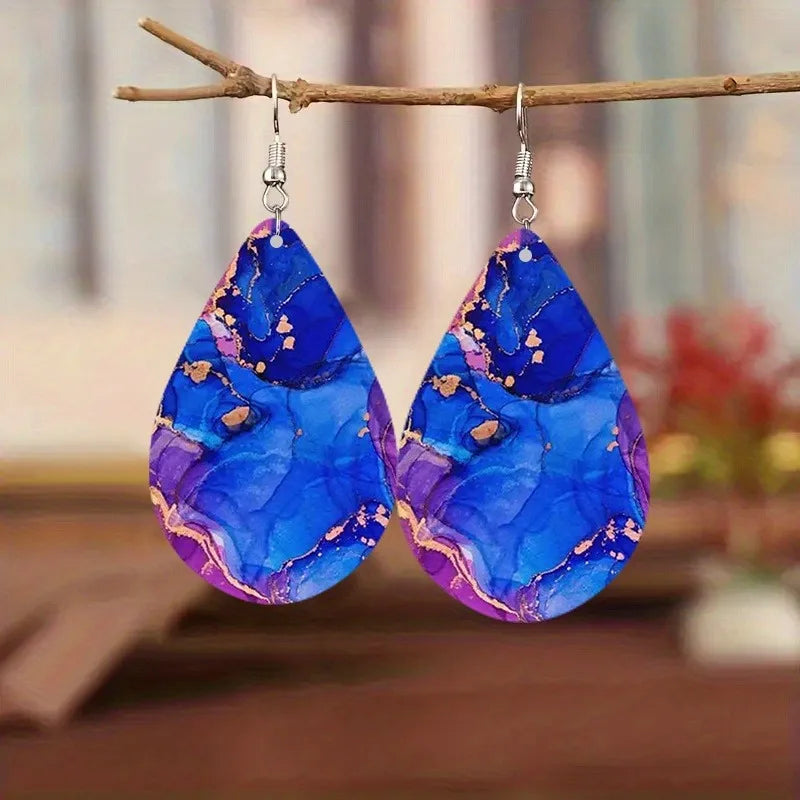 Flower double-sided pattern wooden earrings