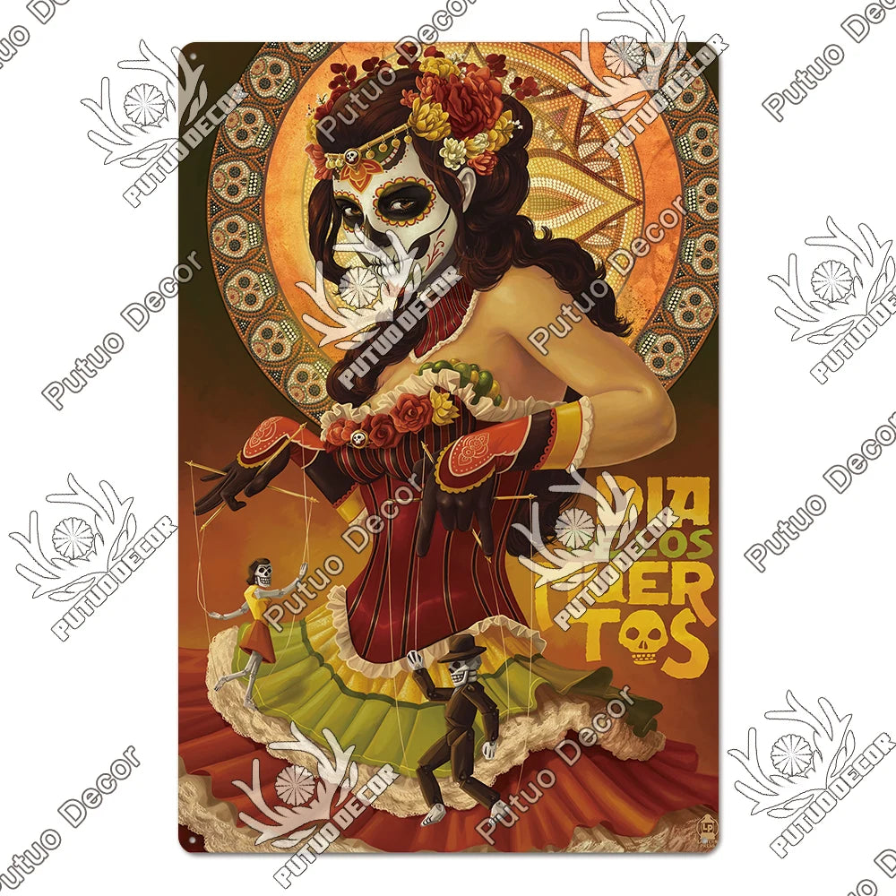 Putuo Decor Day of the Dead Tin Sign Vintage