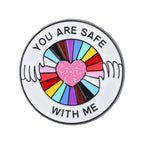 You Are Safe With Me Rainbow Glitter Heart Enamel Pin LGBTQ