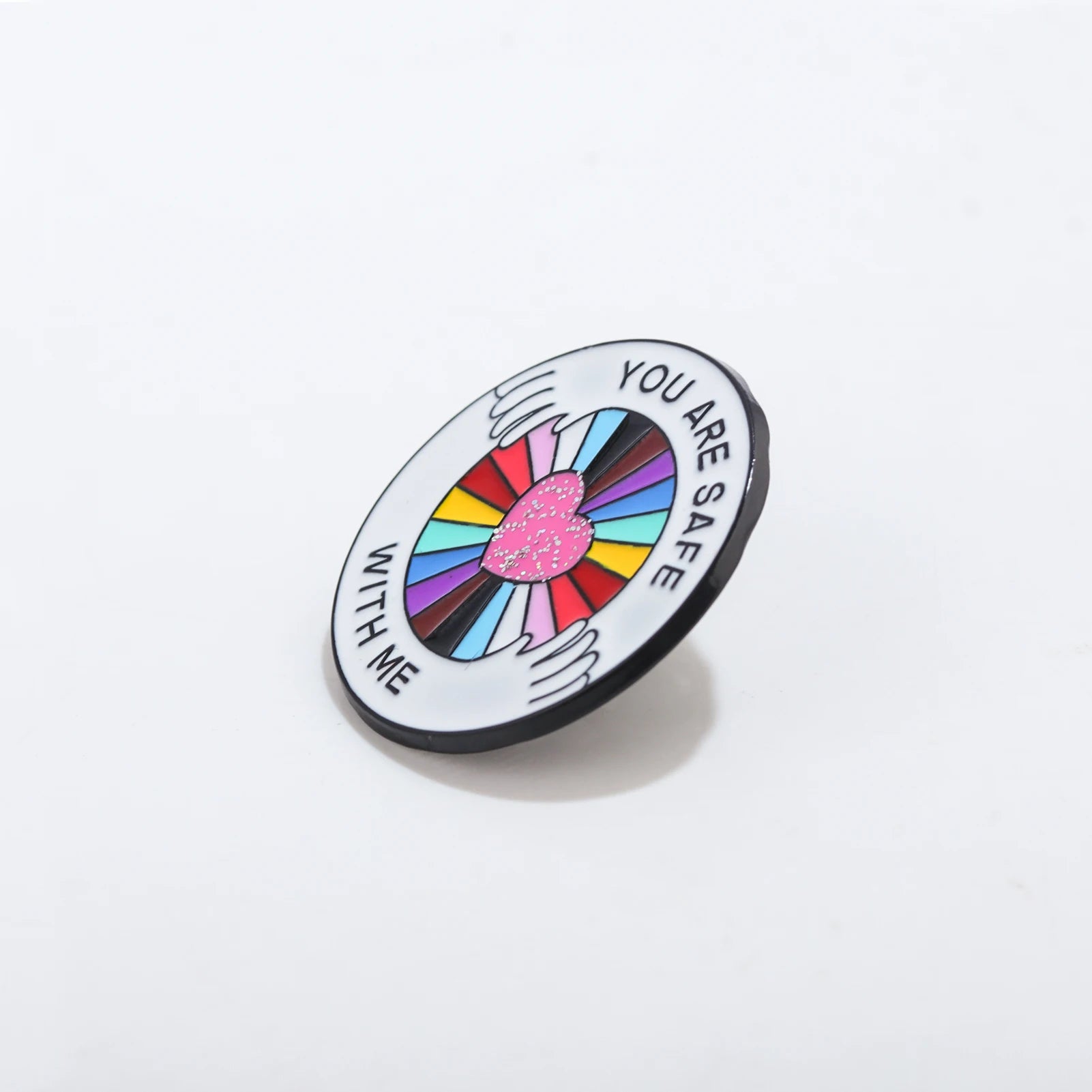 You Are Safe With Me Rainbow Glitter Heart Enamel Pin LGBTQ