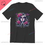 Skull T-Shirt La Catrina Girl with Purple Roses Dia De Los Muertos Day of The Dead
