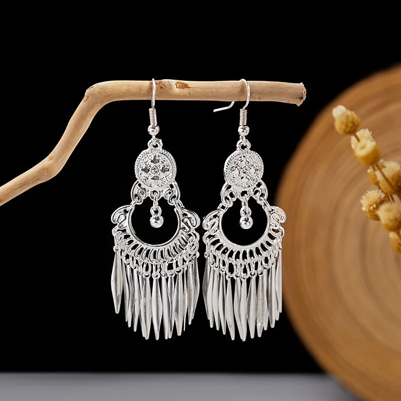 Ethnic Silver Color Long Leaf Dangle Earrings
