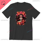 Skull T-Shirt La Catrina Girl with Purple Roses Dia De Los Muertos Day of The Dead