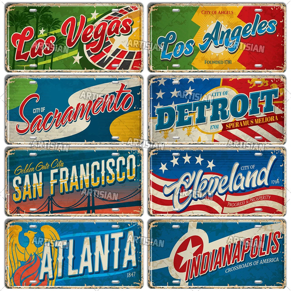 USA License Plate Landmark Metal Sign