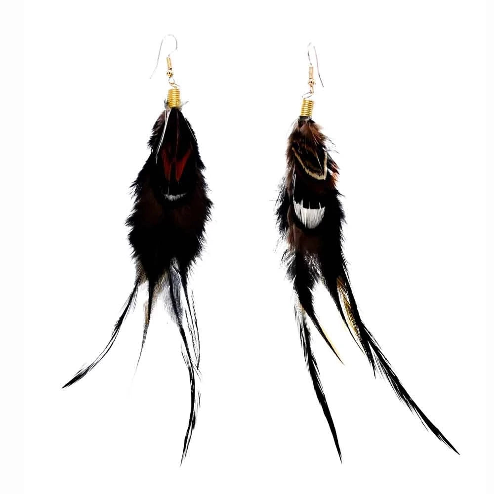 Brown Blue Feather Tassel Earrings