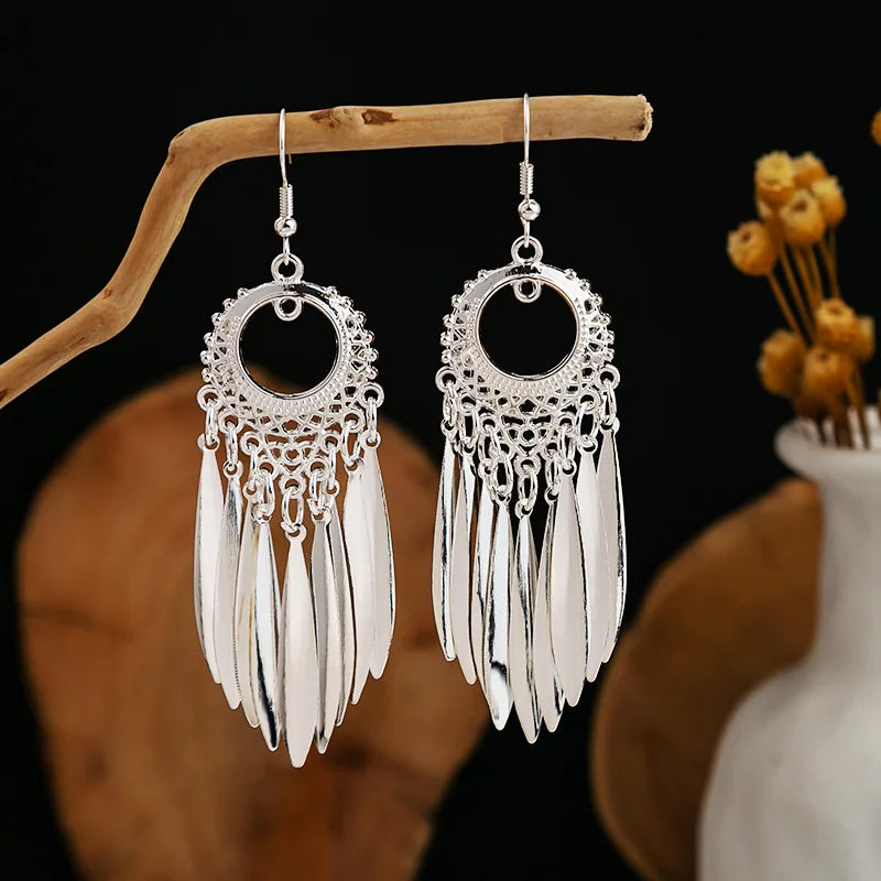 Ethnic Silver Color Long Leaf Dangle Earrings