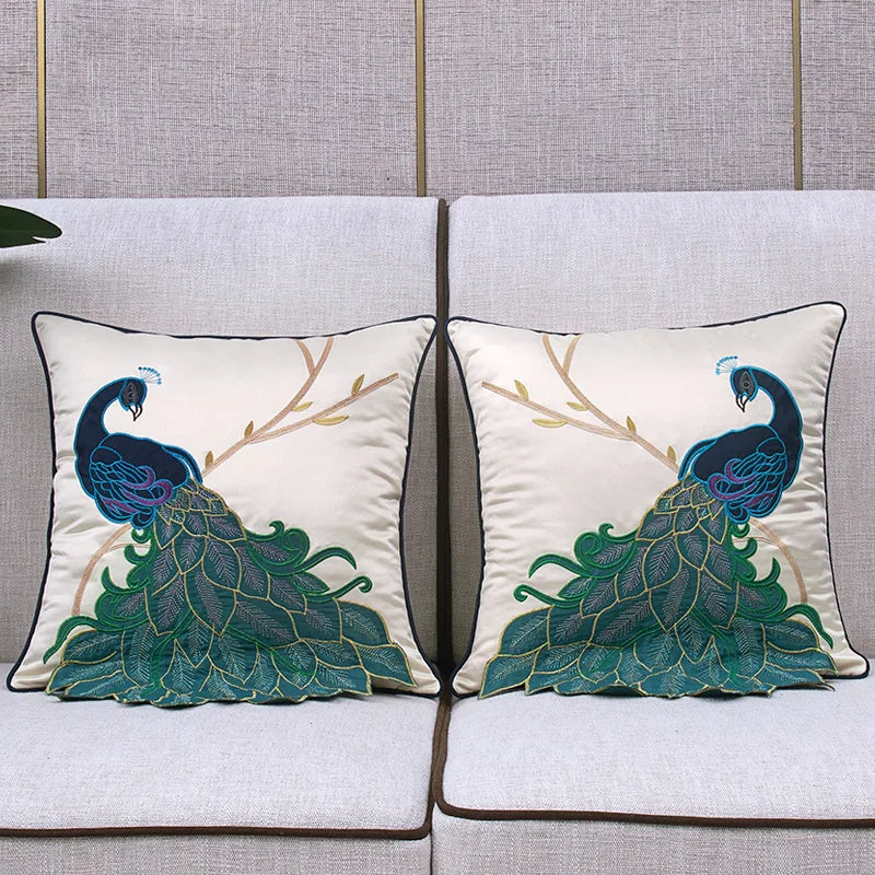 Embroidered Peacock Pillow