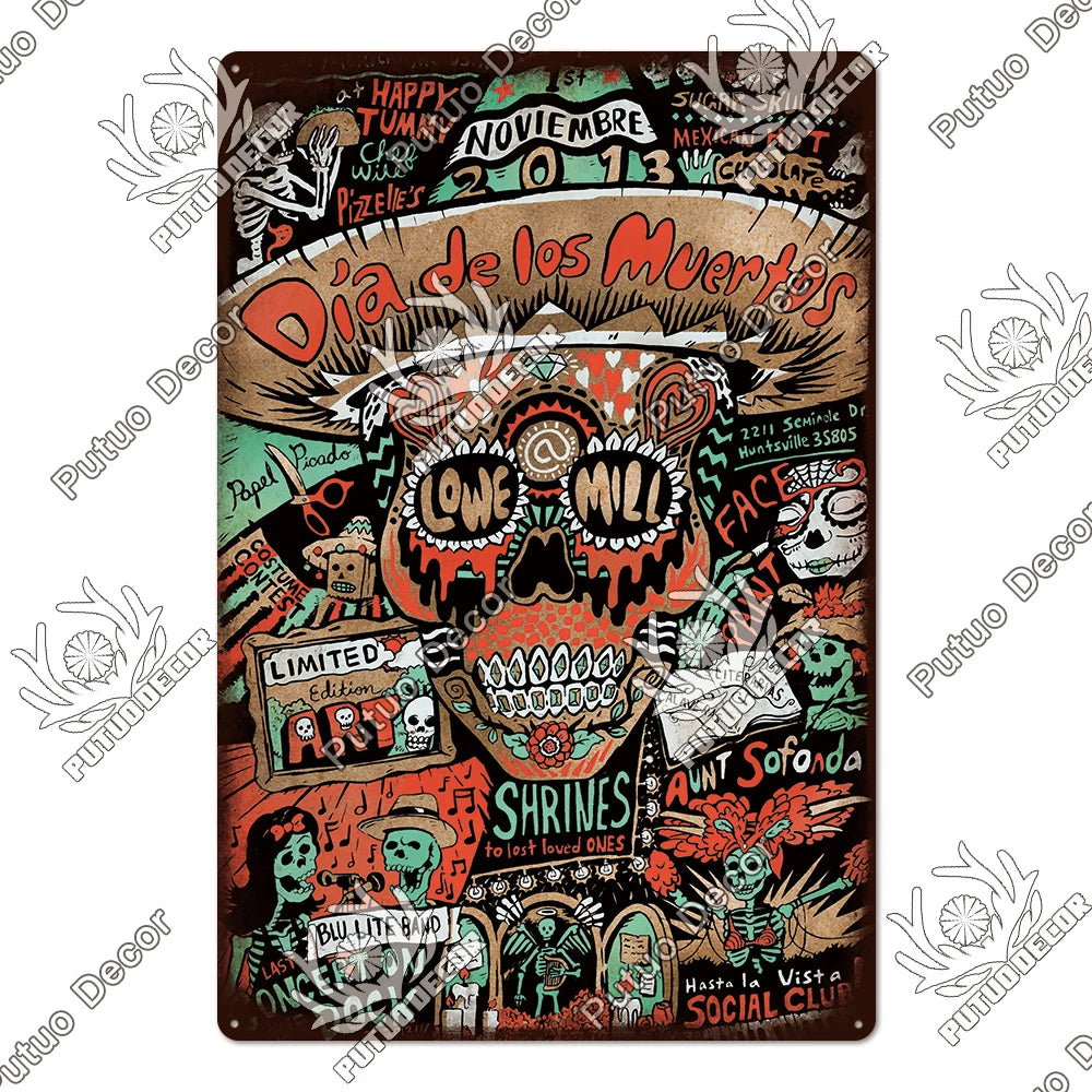 Putuo Decor Day of the Dead Tin Sign Vintage