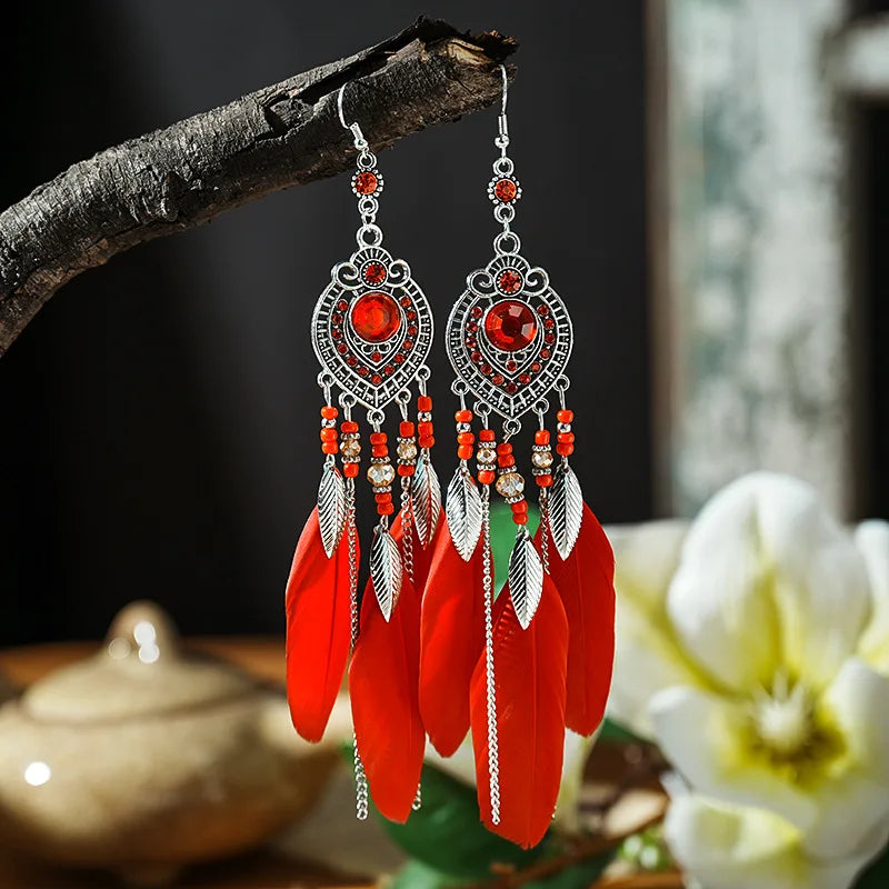 Feather Long Leaf Tassel Drop Earrings