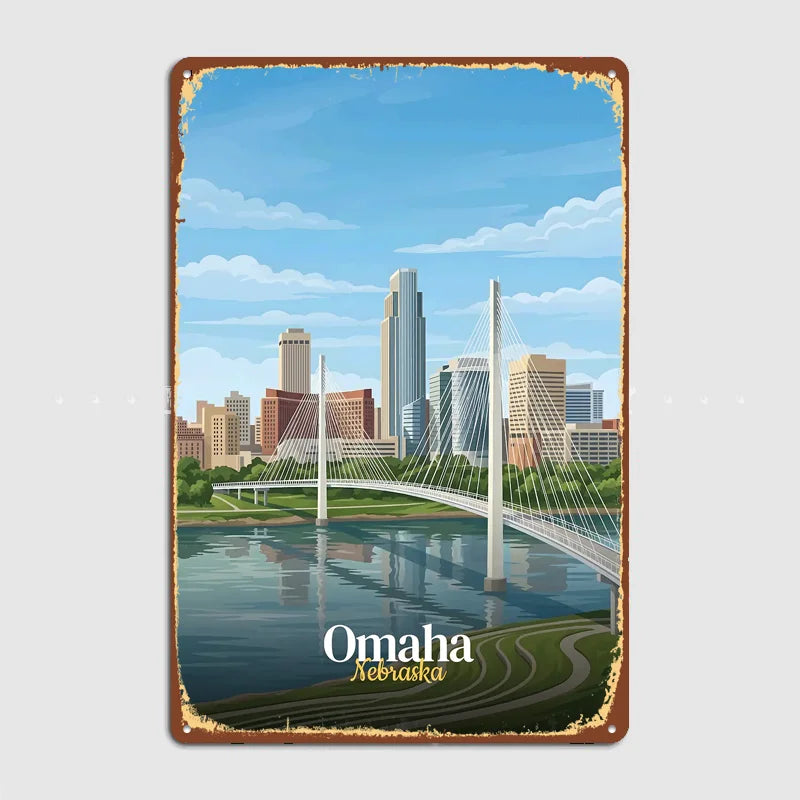Omaha Nebraska Skyline and Bridge Metal Custom Sign