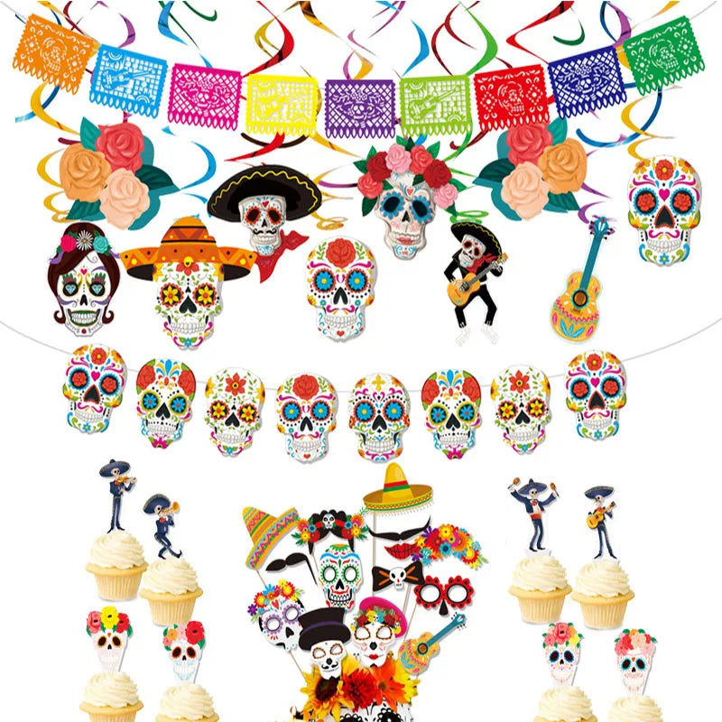 Mexico Day of The Dead Theme Skull Banner Multicolor Photography Backdrop