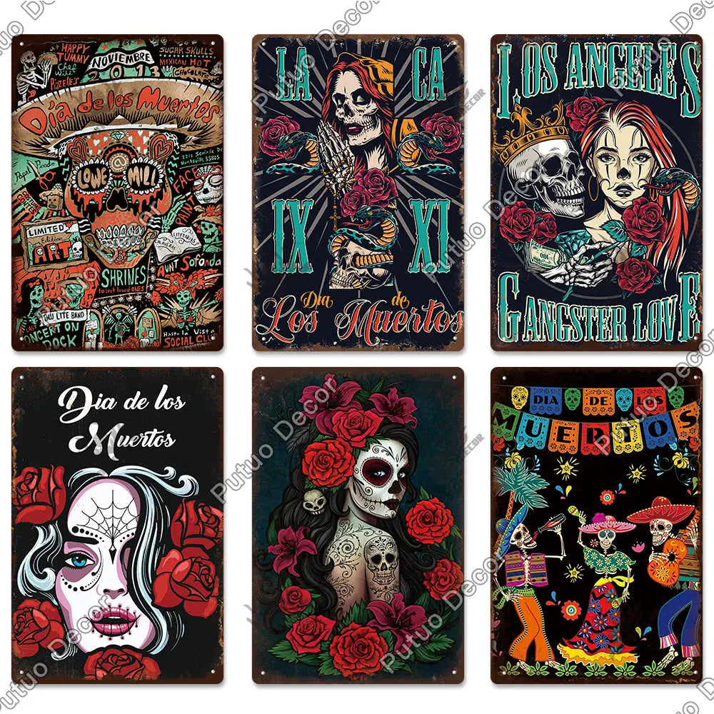 Putuo Decor Day of the Dead Tin Sign Vintage