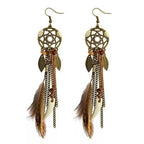 TopHanqi Bohemian Hollow Dream Catcher Leaf Feather Earrings