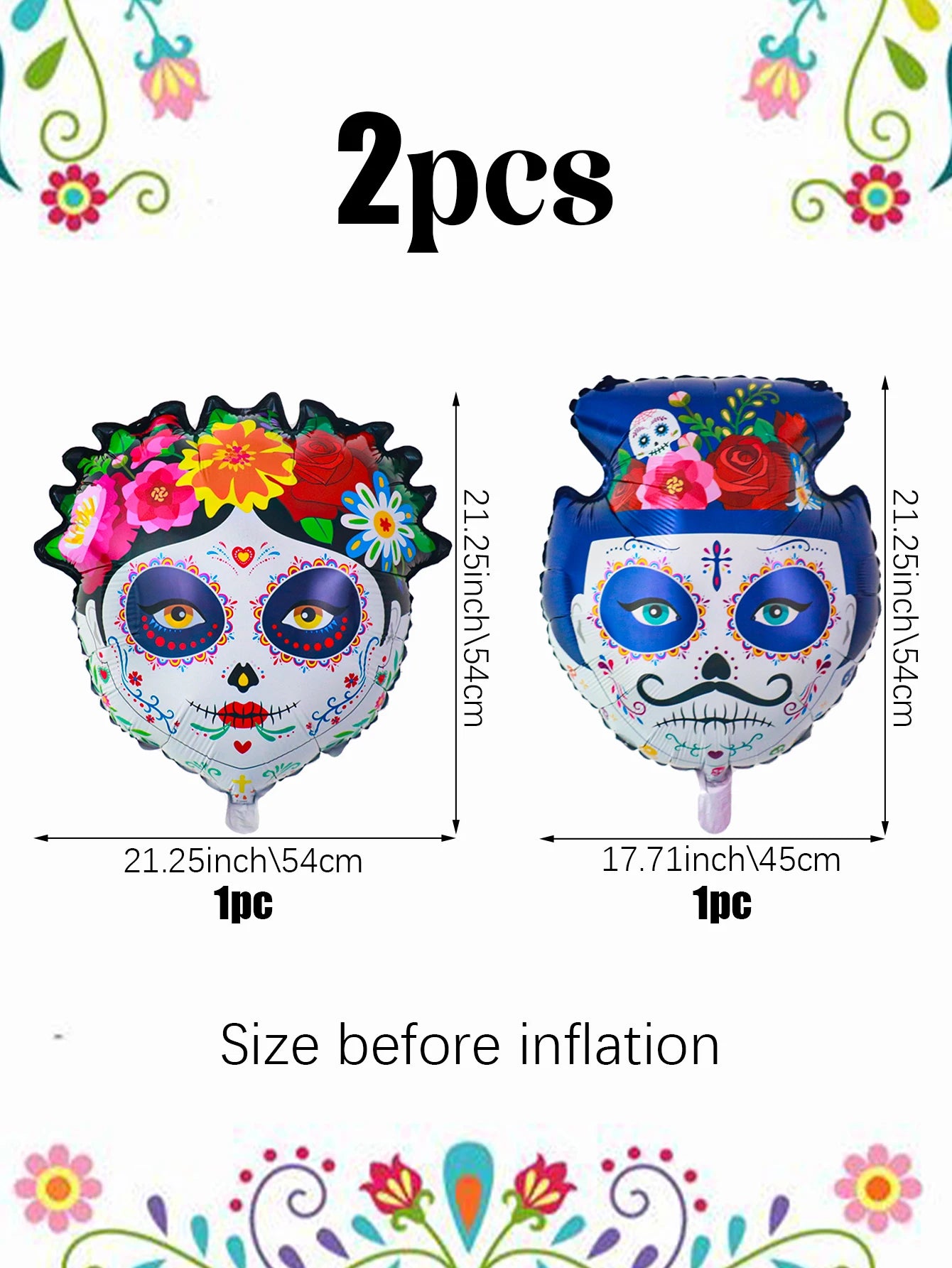 2pcs Bride and Groom Colorful Flower Skull Balloons Day of the Dead Decoration