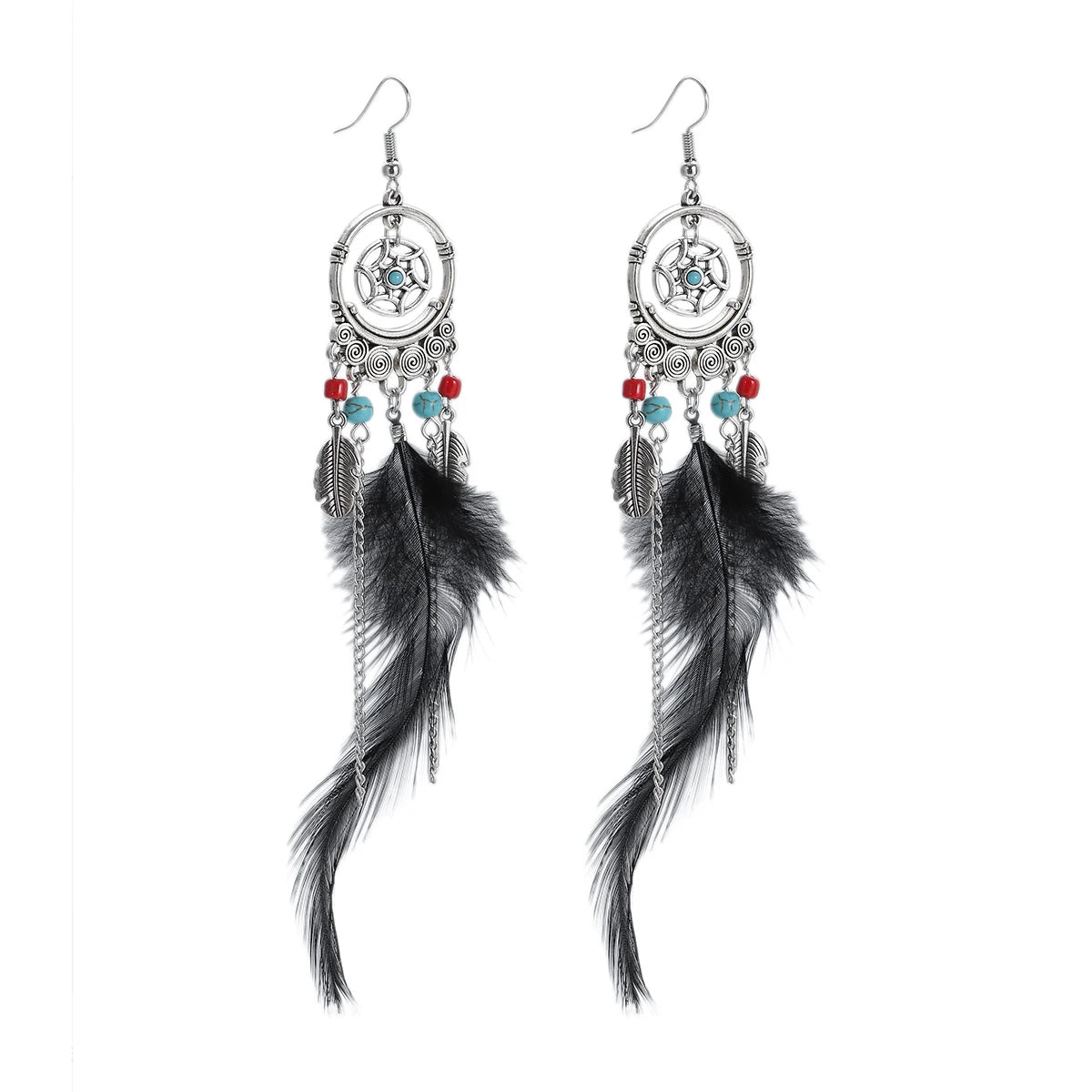 TopHanqi Bohemian Hollow Dream Catcher Leaf Feather Earrings