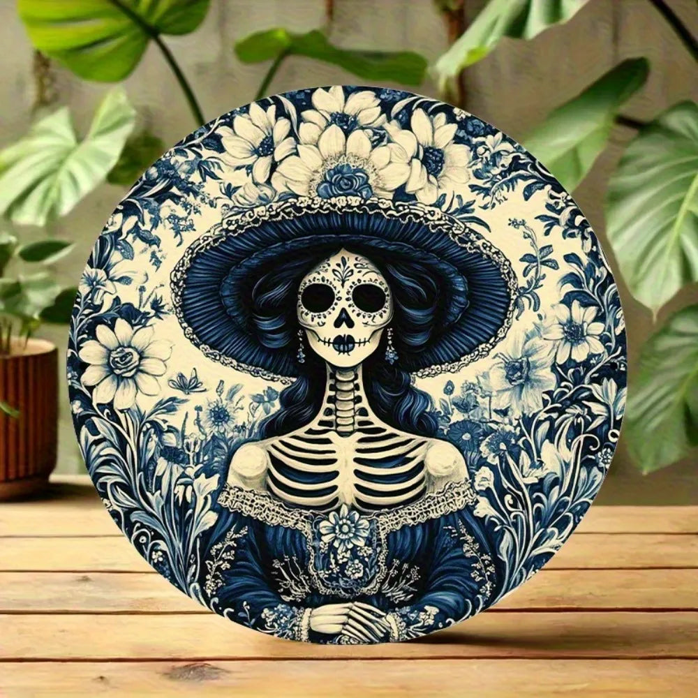 La Catrina 2D Flat Round Aluminum Wall Art , Day of the Dead Theme
