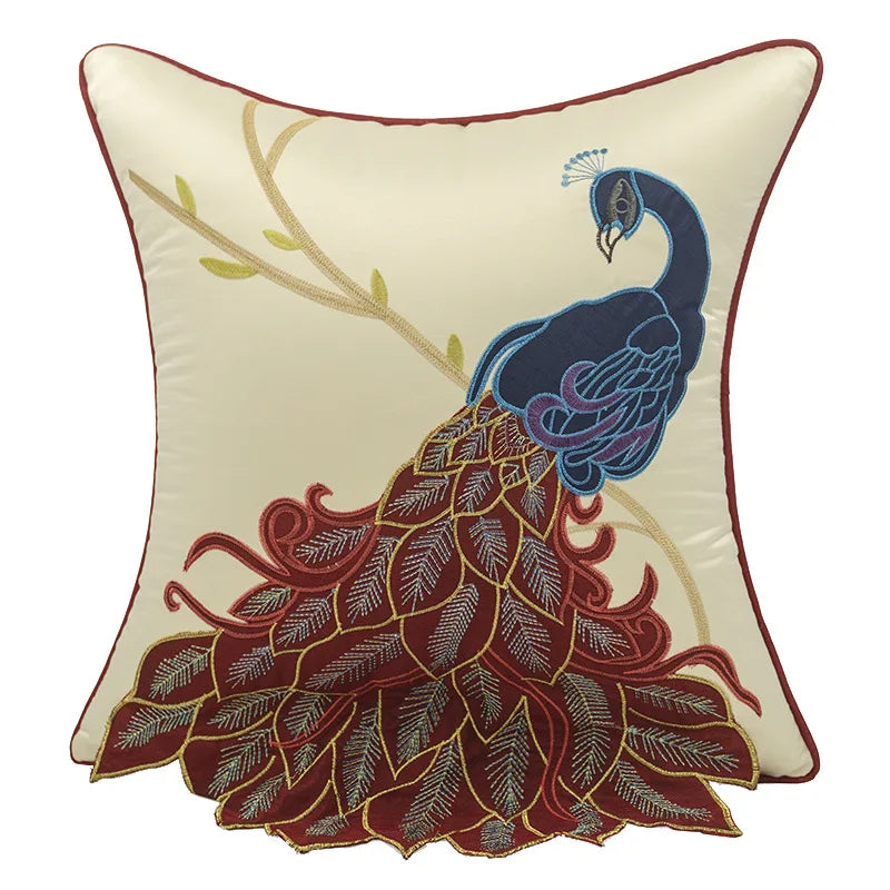 Embroidered Peacock Pillow