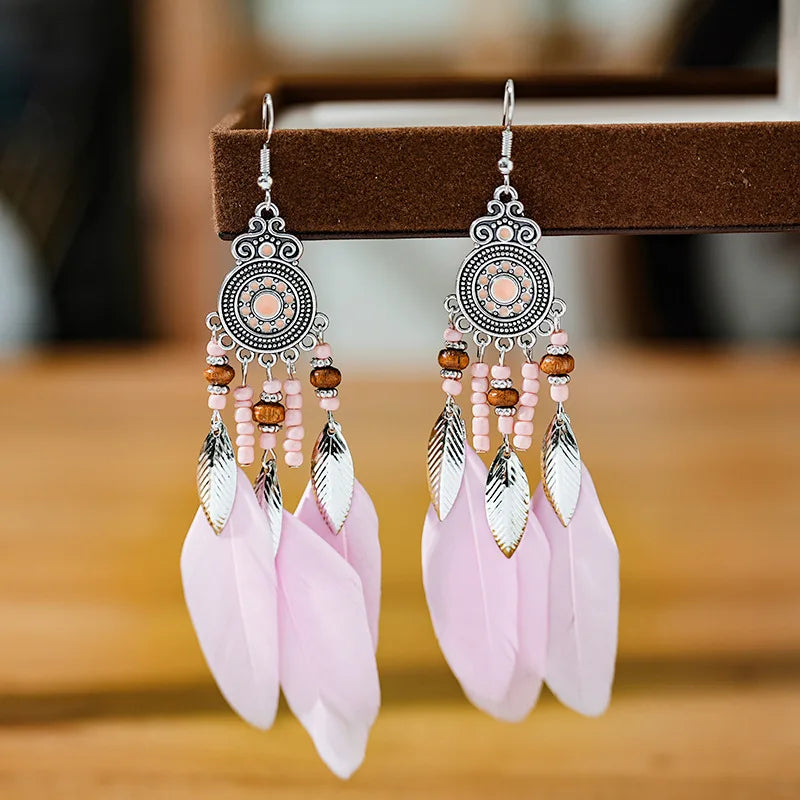 Ethnic Long Tassels Feather Drop Earrings