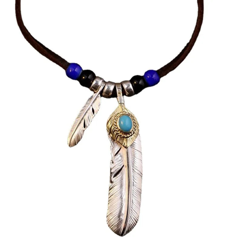 Retro Style Feather Turquoise Pendant Leather Rope Necklace