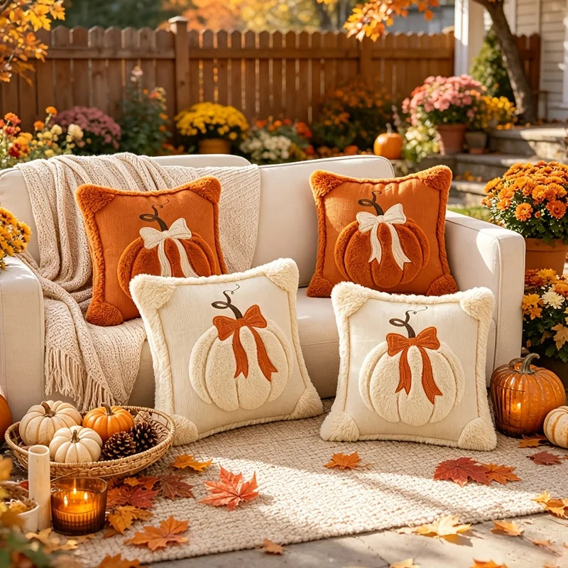 1PC Plush Pumpkin Bow Decorated Pillow Covers