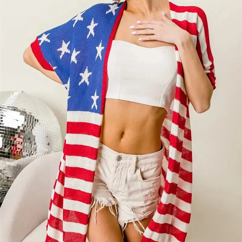 USA Patriotic Star Stripe Knit Short Sleeve Casual Outer