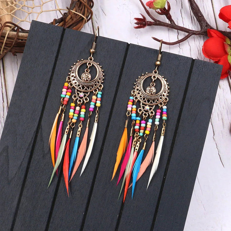 Native Vintage Jewelry Feather Tassel Long Earrings