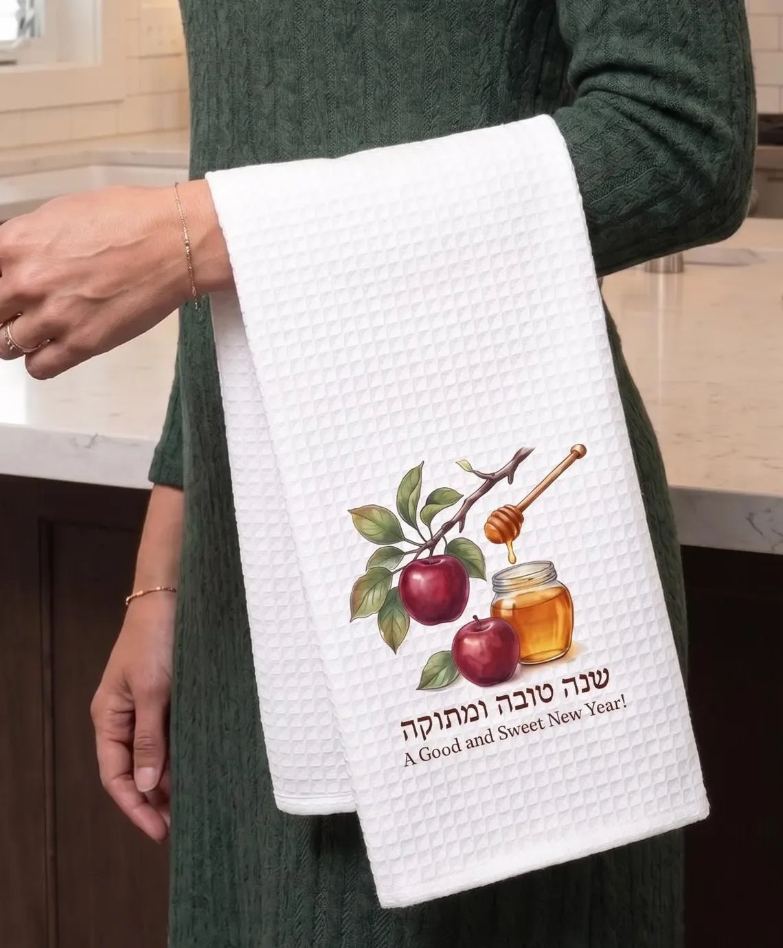 Apple Honey Print Rosh Hashanah Waffle Weave Kitchen Towel