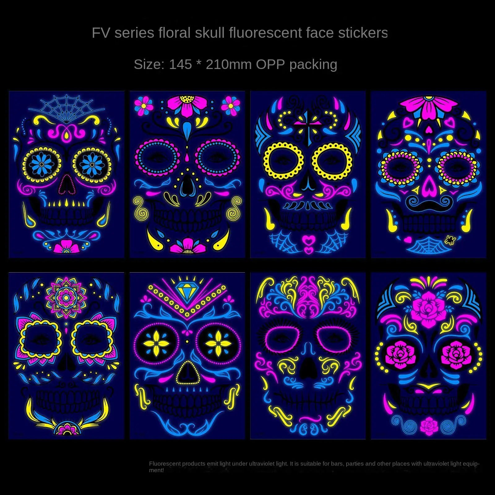 Waterproof Fluorescent Temporary Tattoo Stickers Day of the Dead