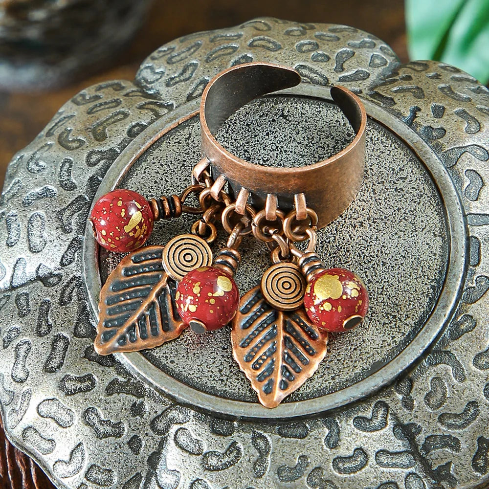Ethnic Flower Feather Tassel Rings For Women Vintage Antique