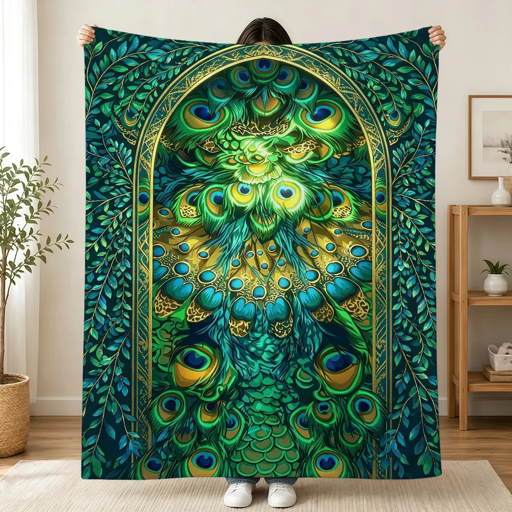 Vintage Green Peacock Feather Blanket