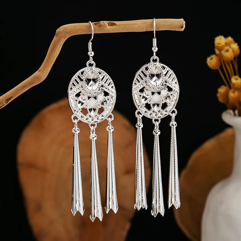 Ethnic Silver Color Long Leaf Dangle Earrings