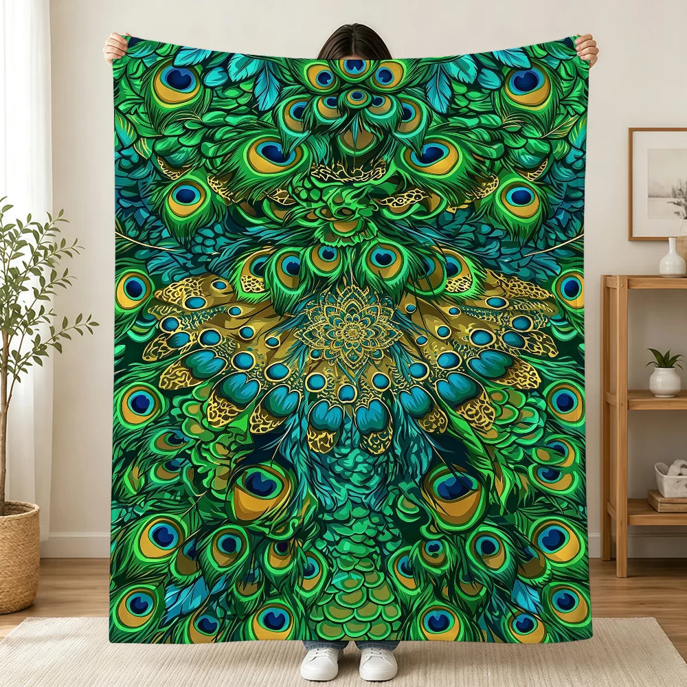 Vintage Green Peacock Feather Blanket