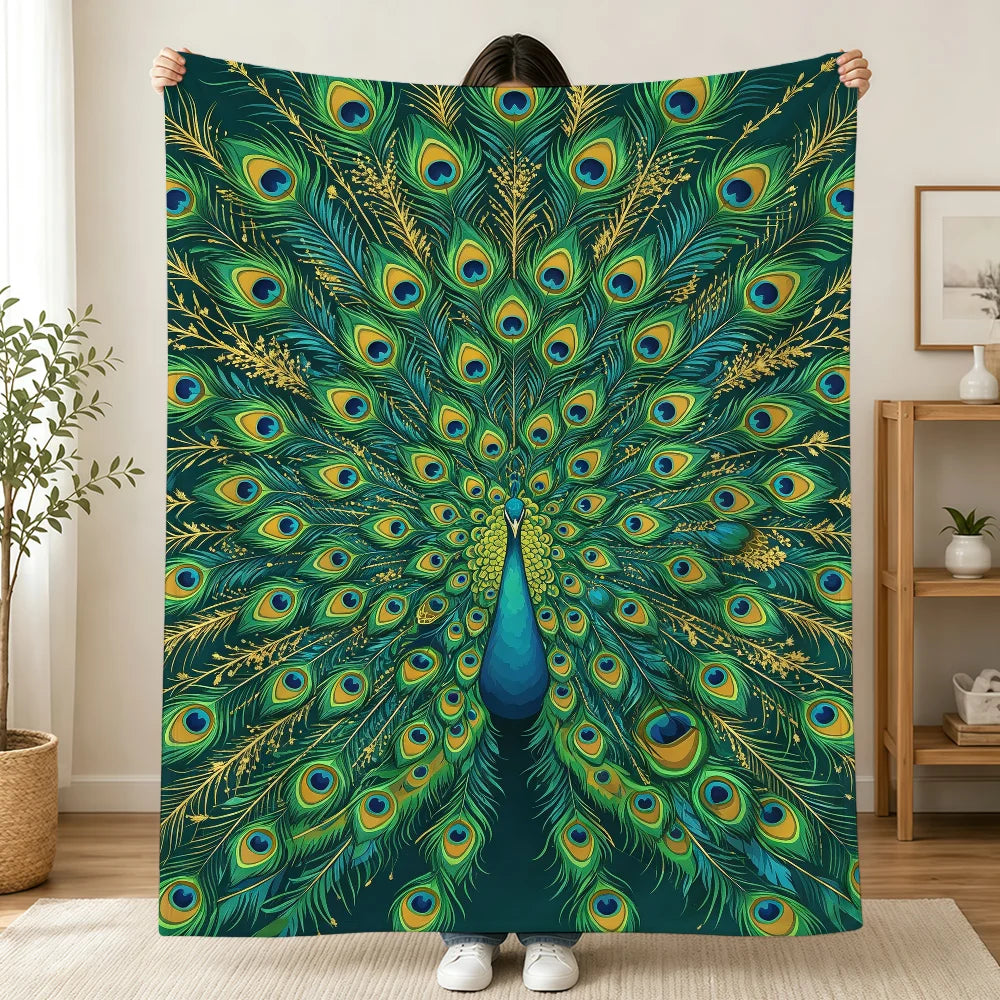 Vintage Green Peacock Feather Blanket