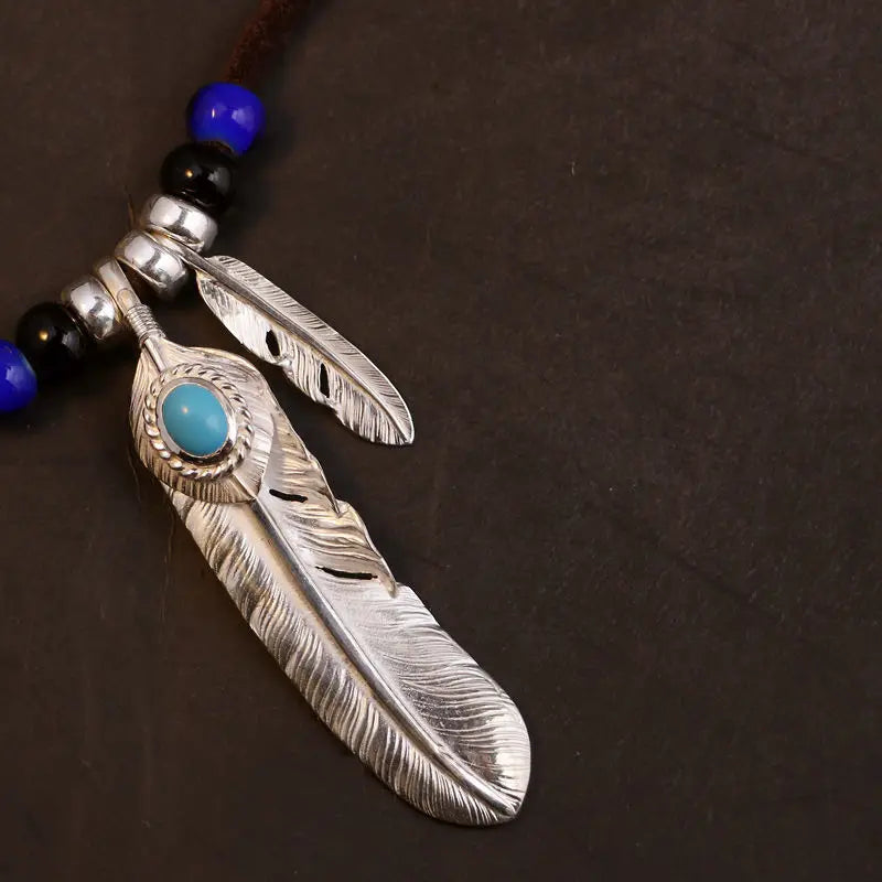Retro Style Feather Turquoise Pendant Leather Rope Necklace