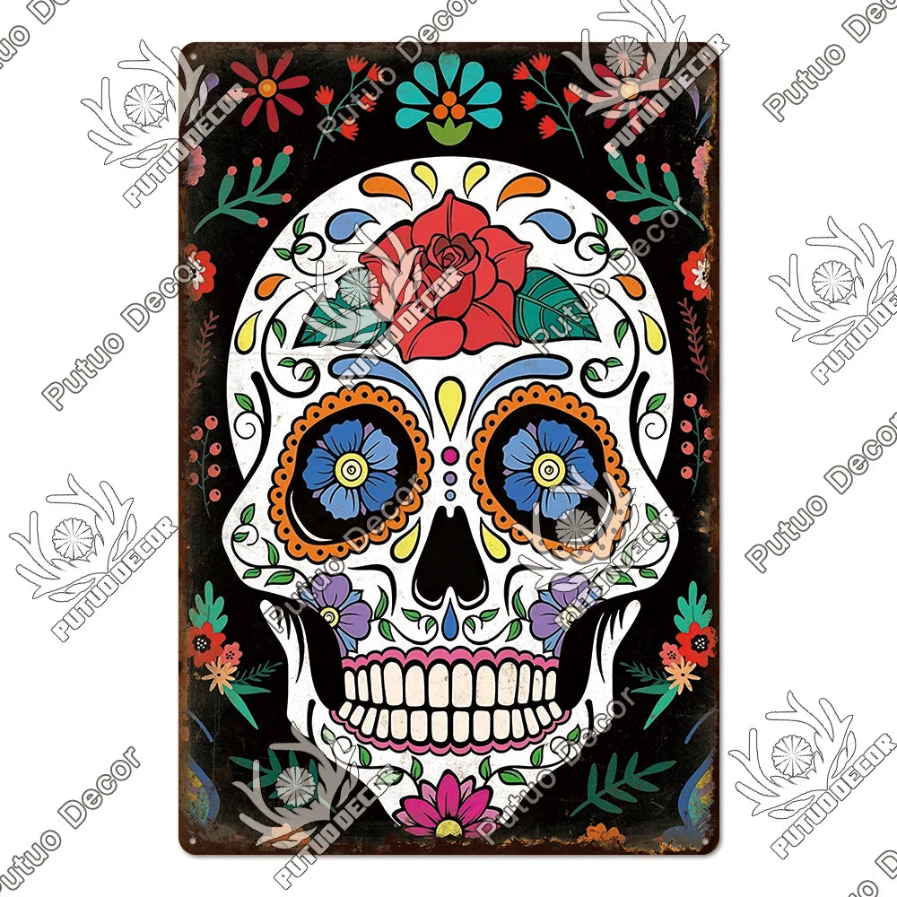 Putuo Decor Day of the Dead Tin Sign Vintage