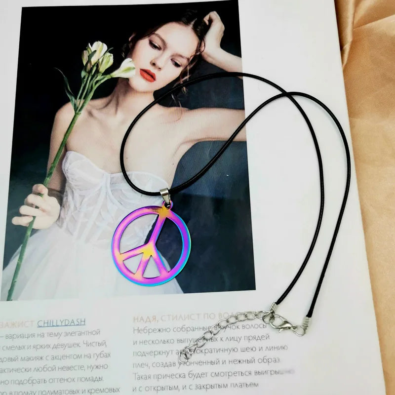 Black Leather Peace Sign Symbol Pendant Necklace