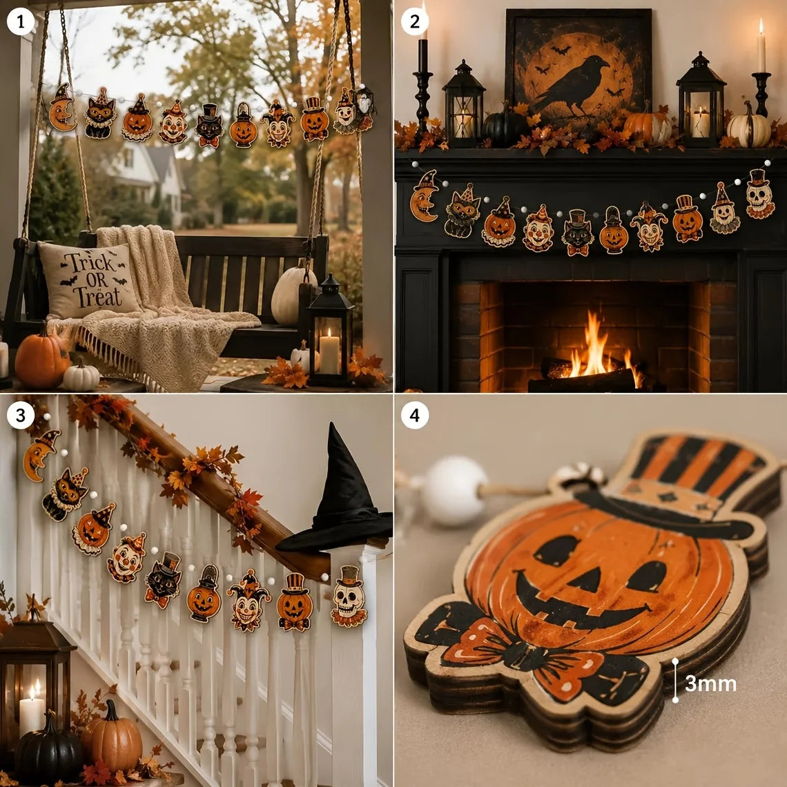 10Pcs Vintage Halloween Wooden Garland