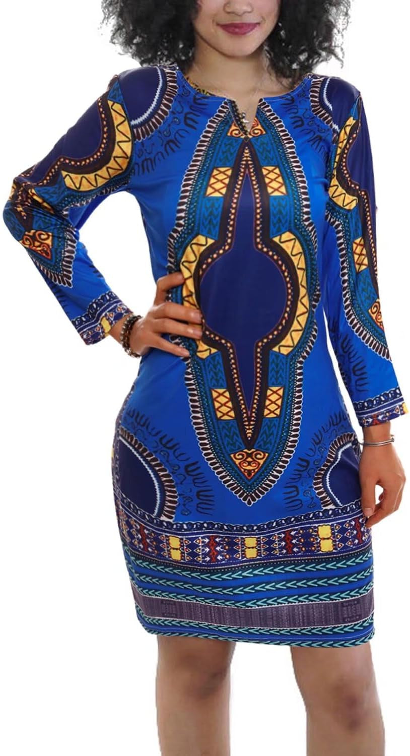 African Clothing for Women Elegant Dashiki Long Sleeve Bodycon Midi Ankara Dress Royal Blue L