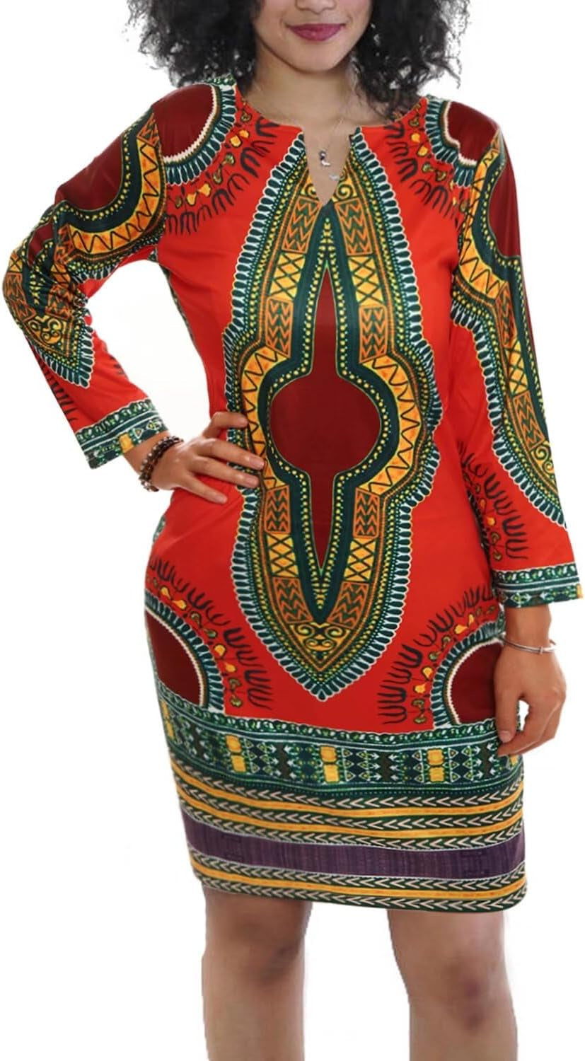 Red African Dresses for Women Long Sleeve Floral Print Bodycon Midi Church Club Dress S