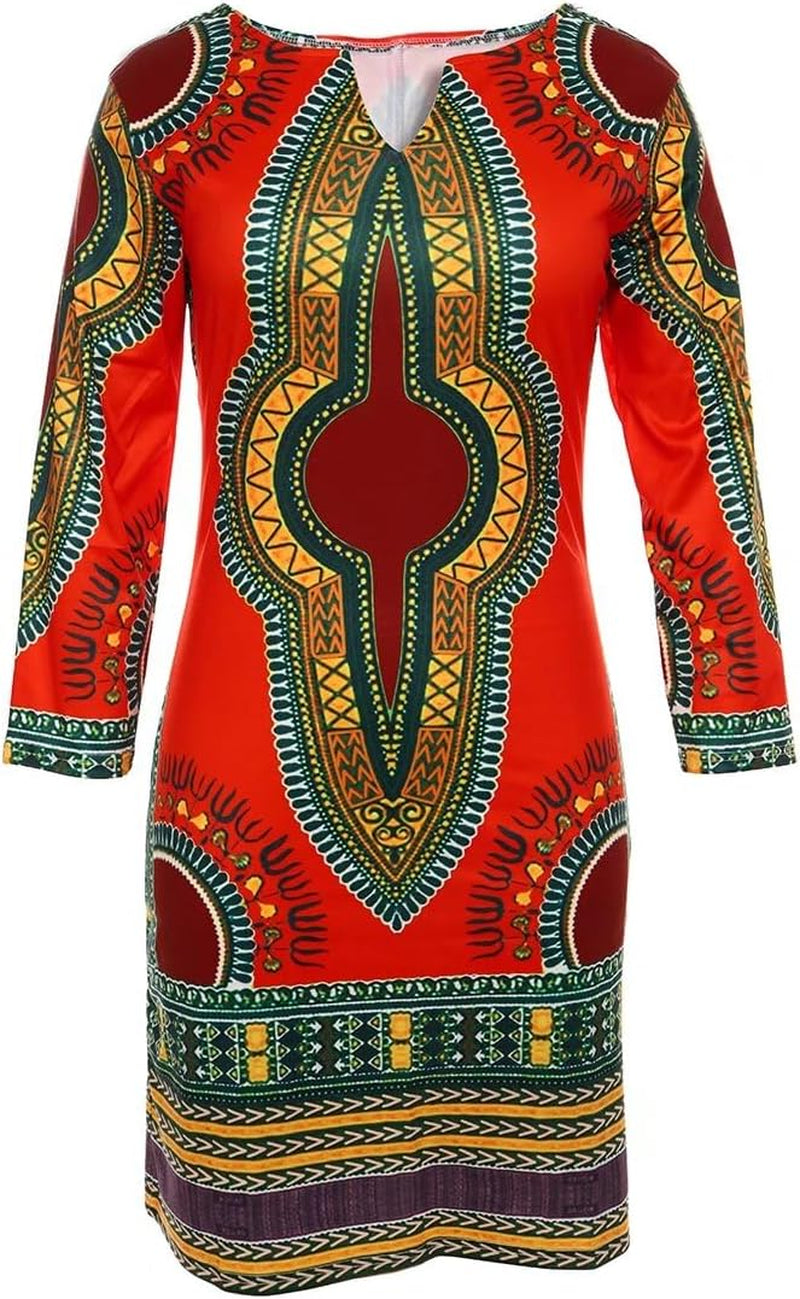Red African Dresses for Women Long Sleeve Floral Print Bodycon Midi Church Club Dress S