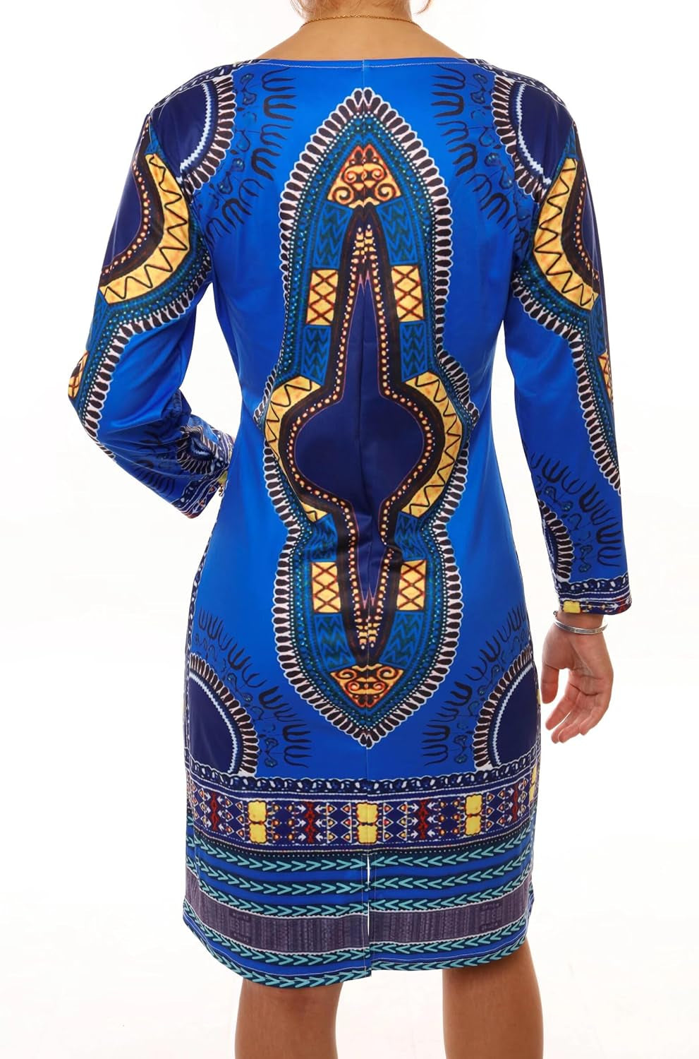 Royal Blue African Dresses for Women Long Sleeve Floral Print Bodycon Midi Church Club Dress S