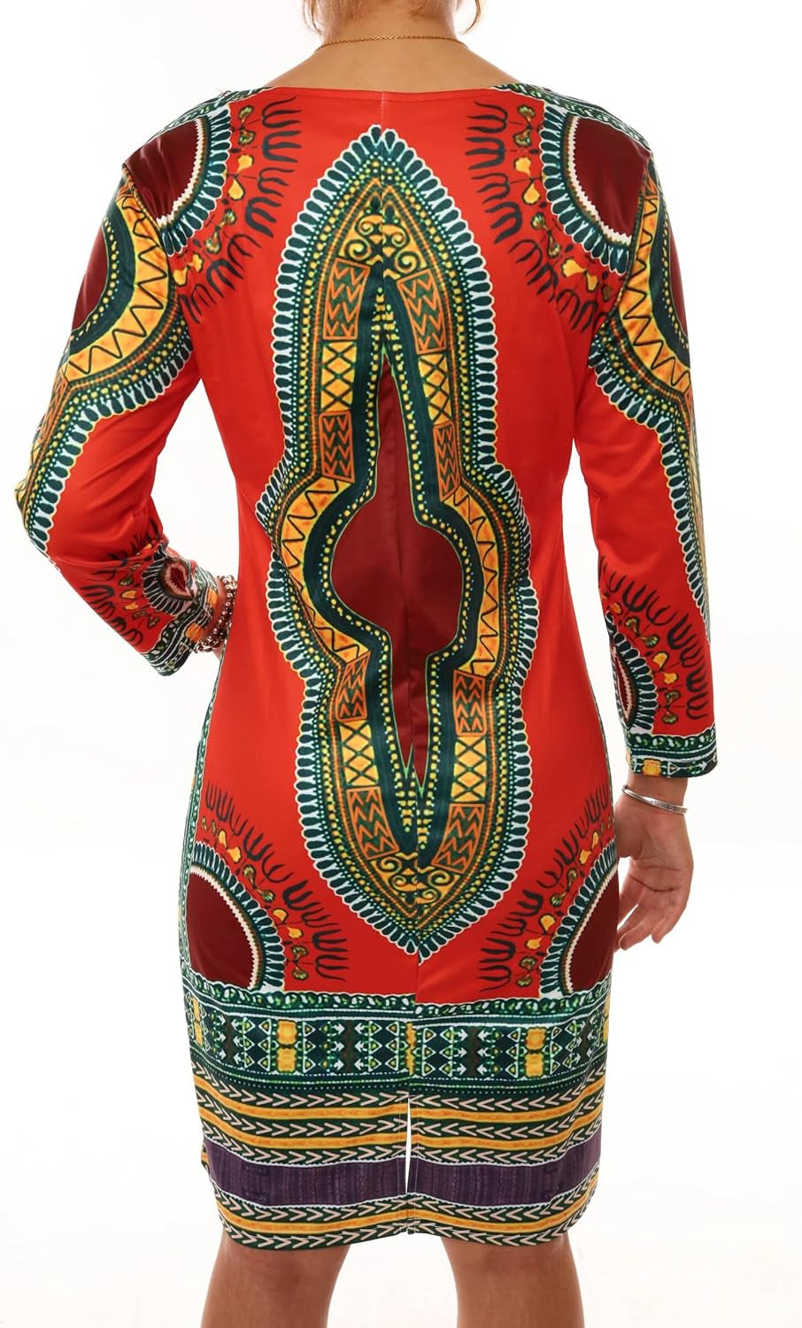 Red African Dresses for Women Long Sleeve Floral Print Bodycon Midi Church Club Dress S