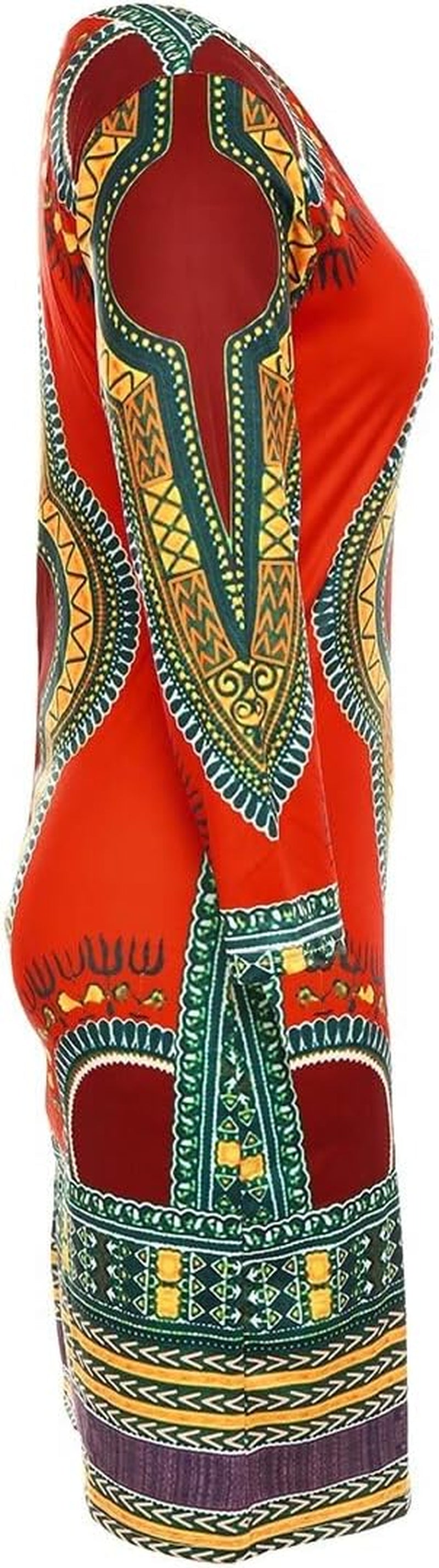 Red African Dresses for Women Long Sleeve Floral Print Bodycon Midi Church Club Dress S